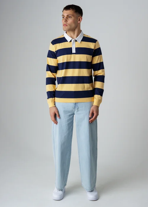Influence Navy Cotton Rugby-Style Striped Long Sleeve Button Polo Shirt - M Image 4