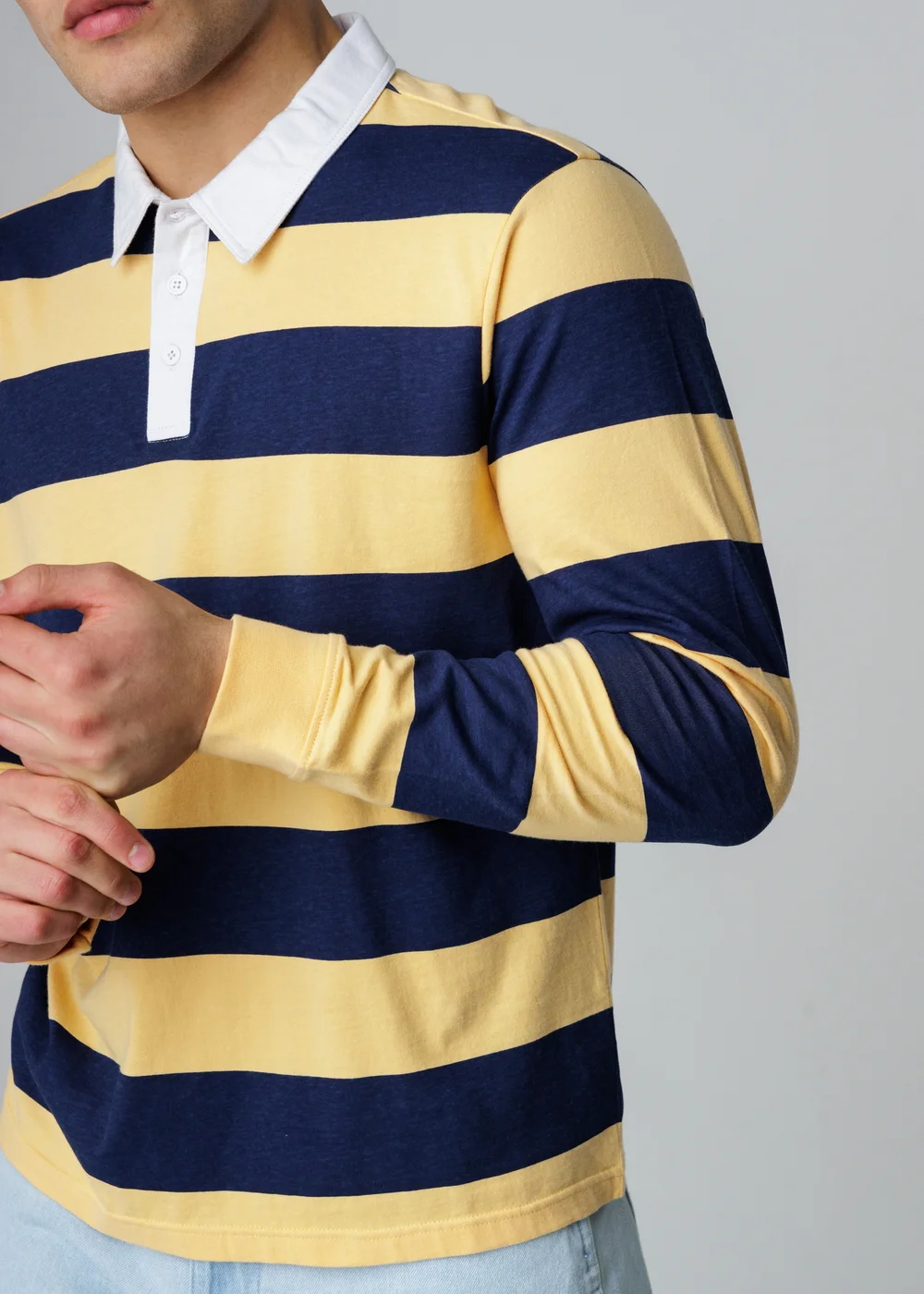 Influence Navy Cotton Rugby-Style Striped Long Sleeve Button Polo Shirt - M Image 3
