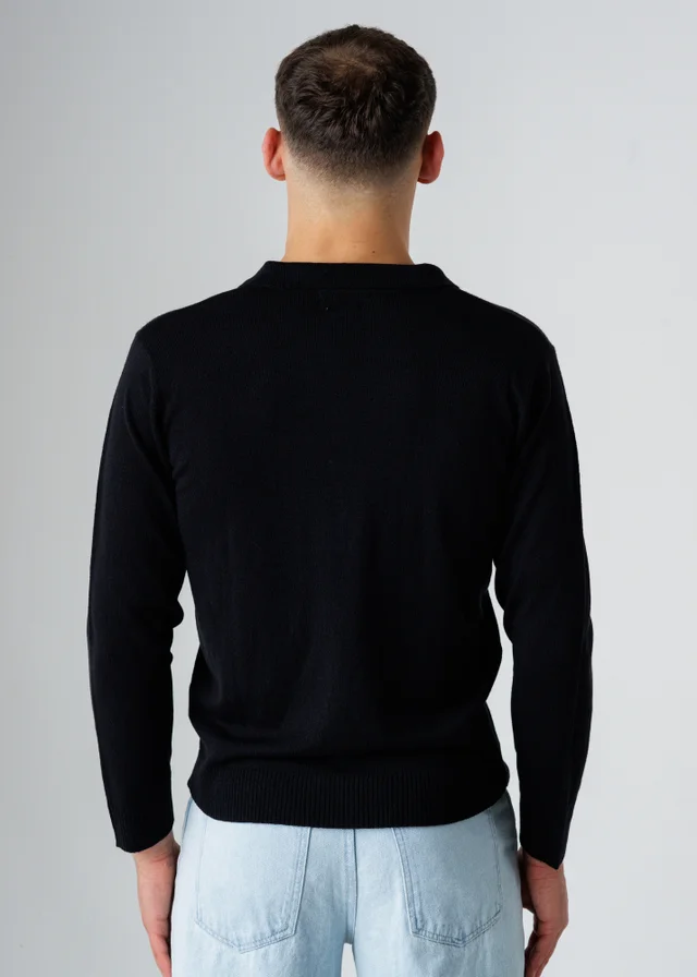 Influence Black Revere Collar V-Neck Polo-Style Long Sleeve Knit Jumper