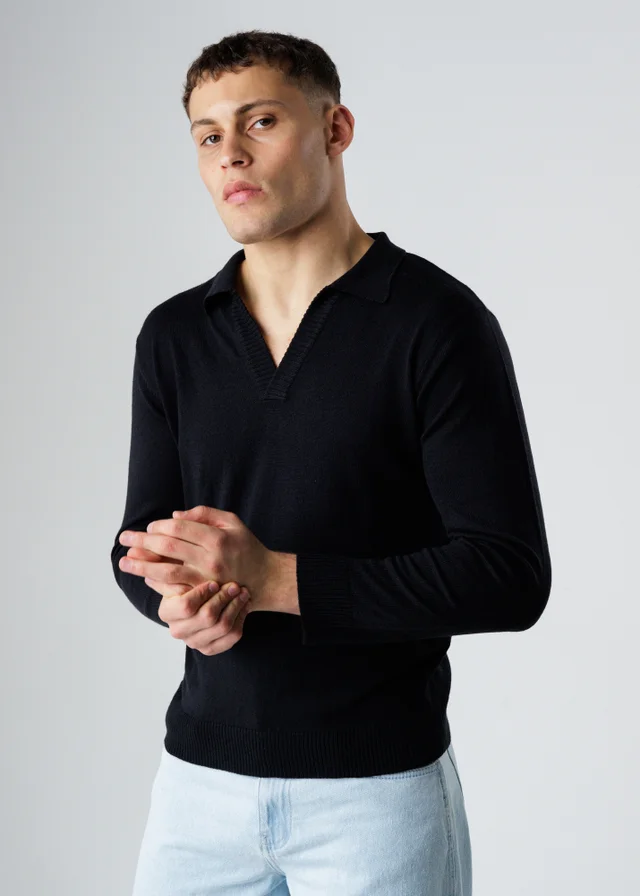 Influence Black Revere Collar V-Neck Polo-Style Long Sleeve Knit Jumper