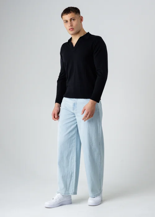 Influence Black Revere Collar V-Neck Polo-Style Long Sleeve Knit Jumper - L Image 4