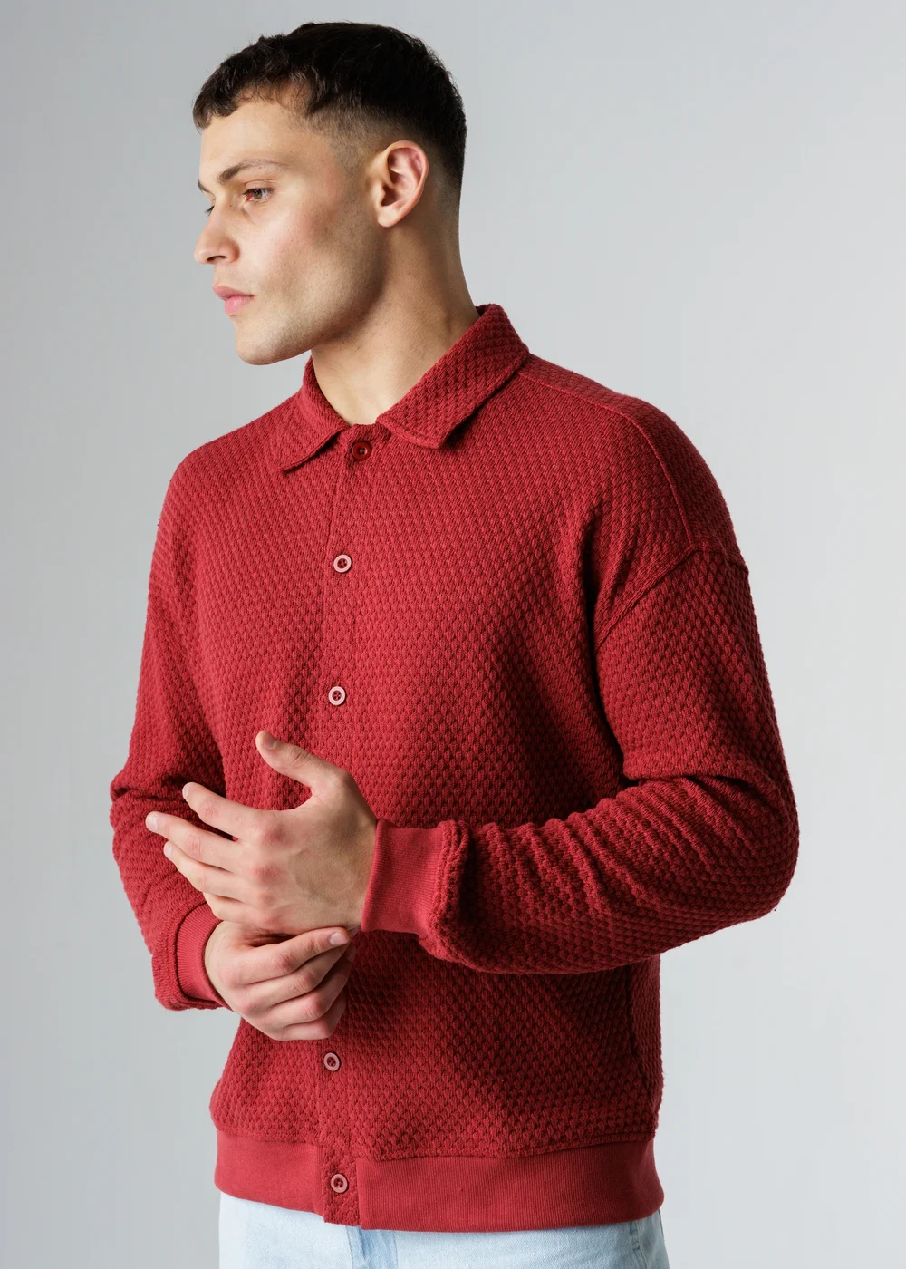 Influence Red Textured Polo-Style Knit Long Sleeve Button Overshirt - L Image 1
