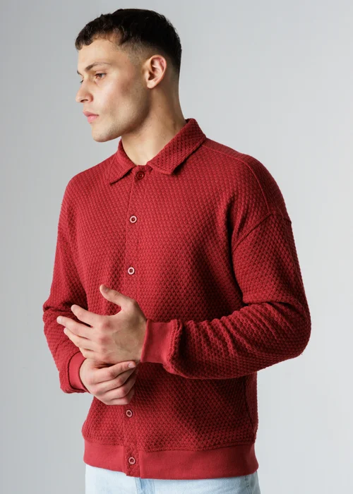 Influence Red Textured Polo-Style Knit Long Sleeve Button Overshirt - L Image 1