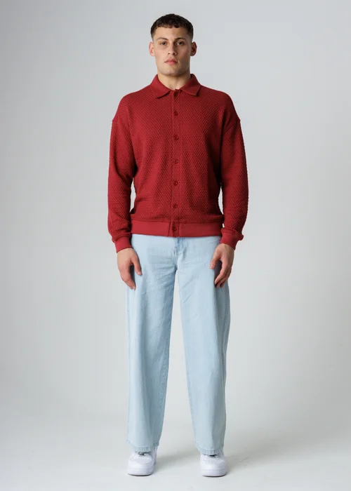 Influence Red Textured Polo-Style Knit Long Sleeve Button Overshirt - L Image 4