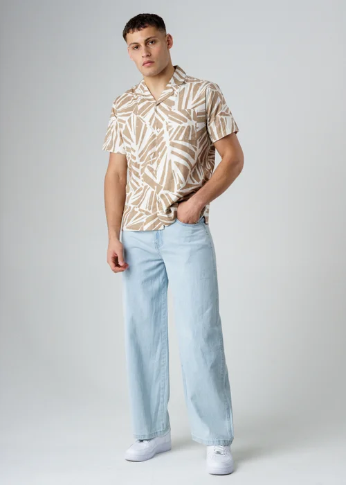 Influence Brown Cotton Linen Blend Tropical Print Short Sleeve Button Shirt - S Image 4