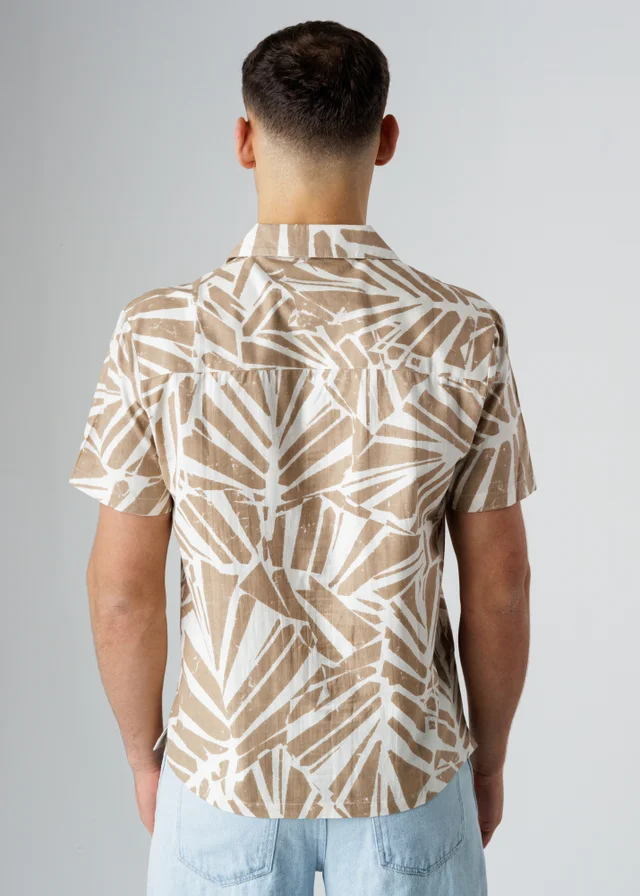 Influence Brown Cotton Linen Blend Tropical Print Short Sleeve Button Shirt