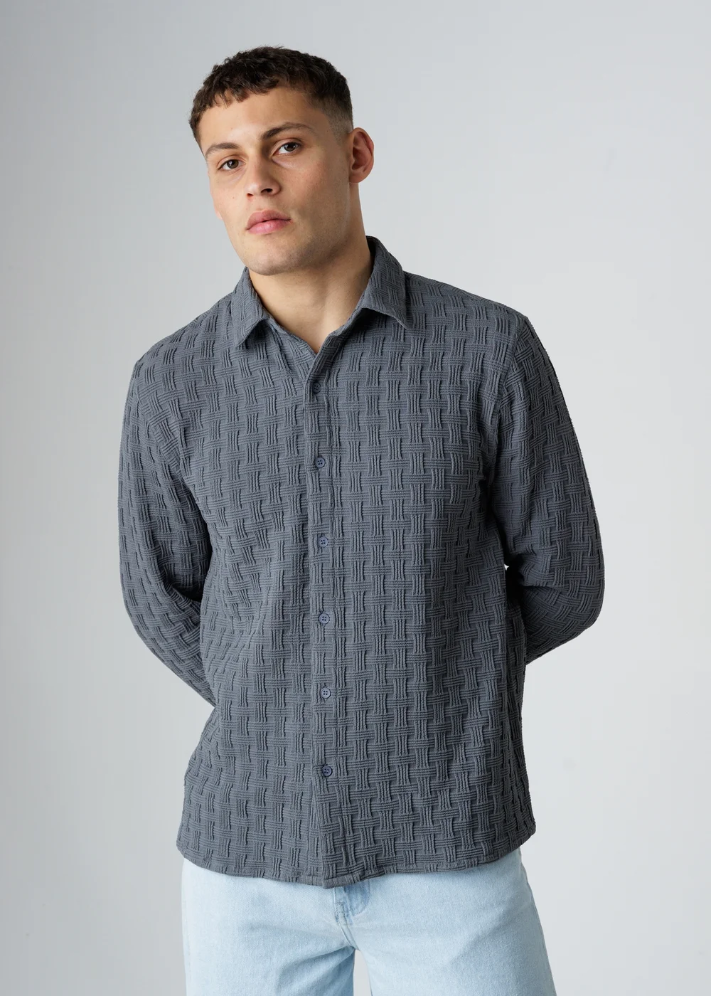 Influence Grey Textured Long Sleeve Button Shirt - S Image 1