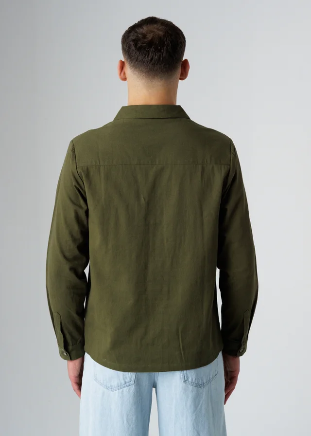 Influence Khaki Cotton Utilitarian-Style Revere Collar Long Sleeve Button Shirt