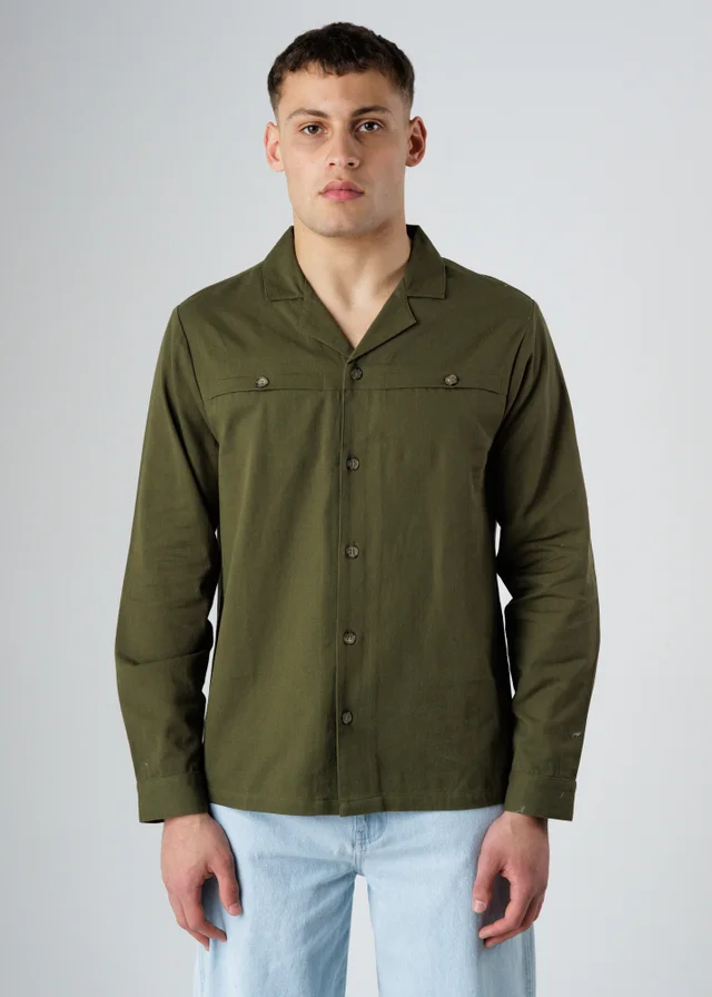 Influence Khaki Cotton Utilitarian-Style Revere Collar Long Sleeve Button Shirt