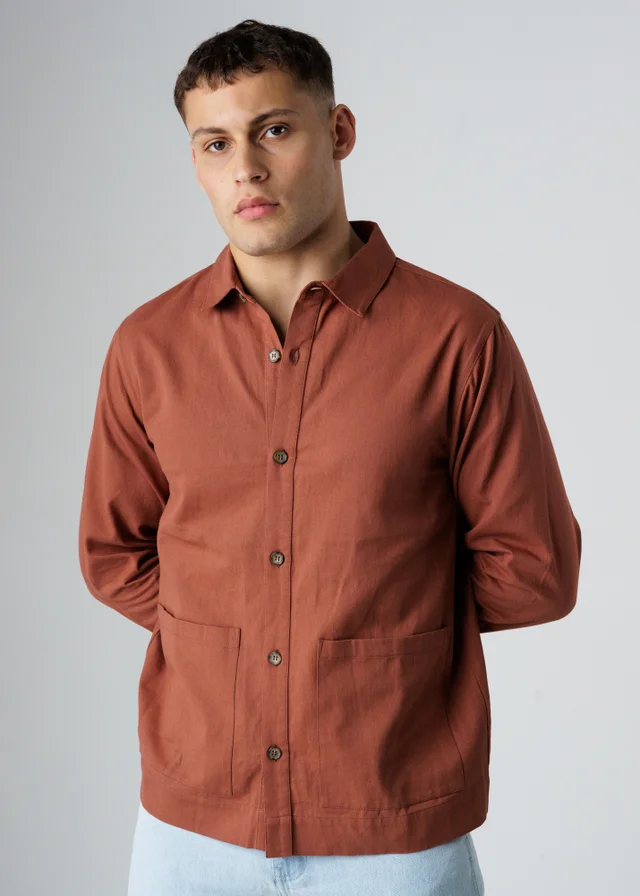 Influence Terracotta Cotton Utilitarian-Style Long Sleeve Button Overshirt