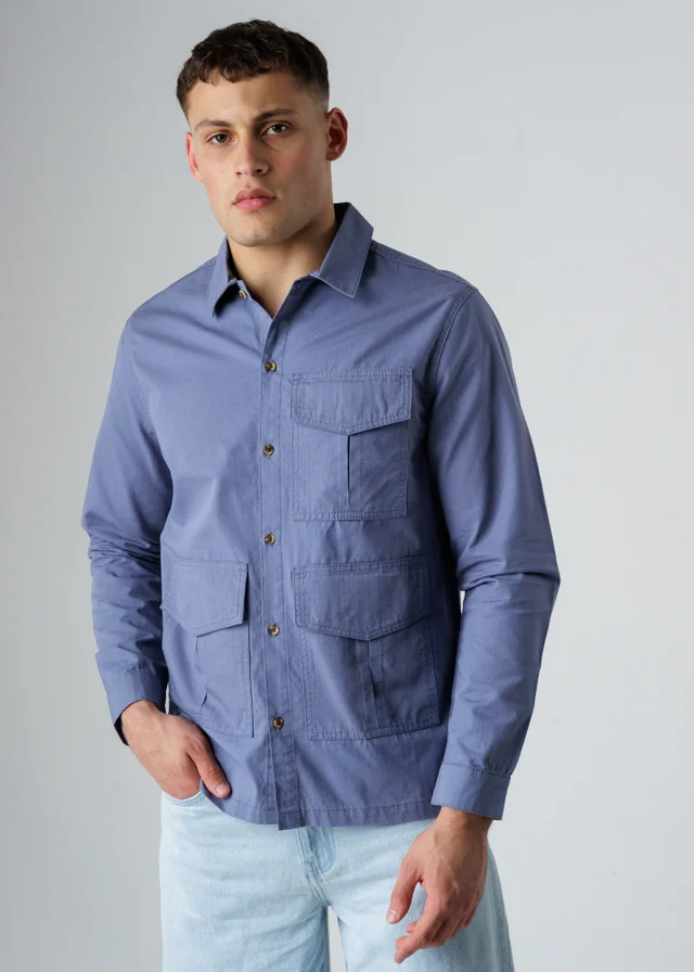 Influence Blue Cotton Ripstop Utility-Style Long Sleeve Overshirt