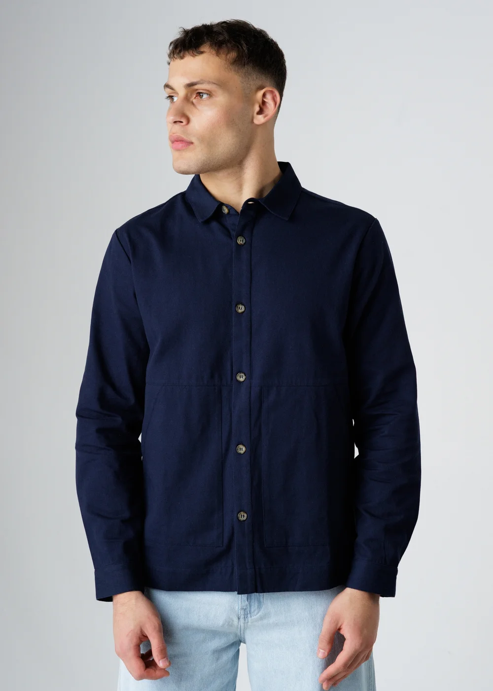 Influence Navy Cotton Utilitarian-Style Long Sleeve Button Overshirt - S Image 1