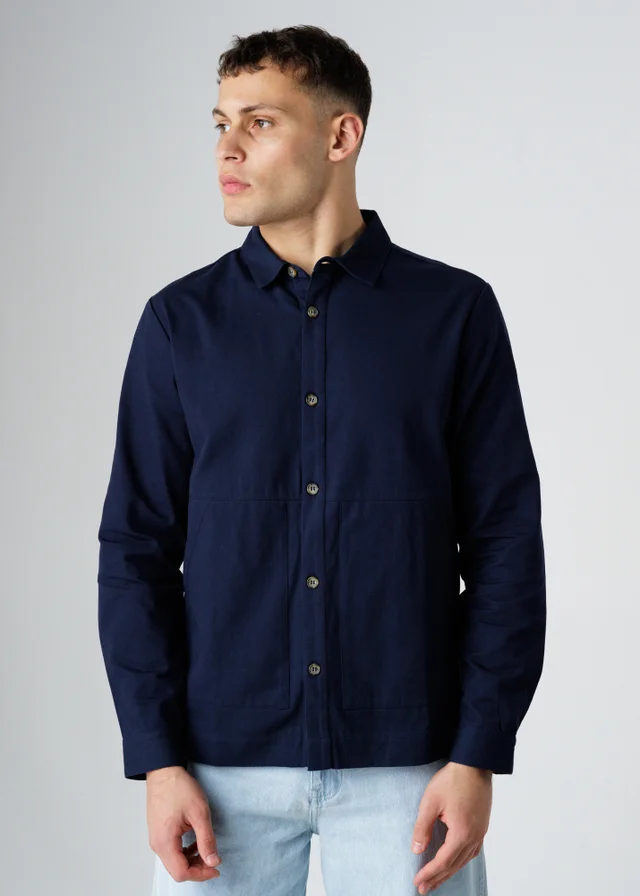 Influence Navy Cotton Utilitarian-Style Long Sleeve Button Overshirt