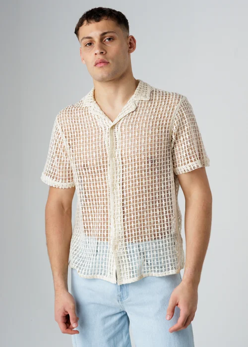 Influence Beige Cotton Blend Open-Knit Revere Collar Short Sleeve Button Shirt - L Image 3