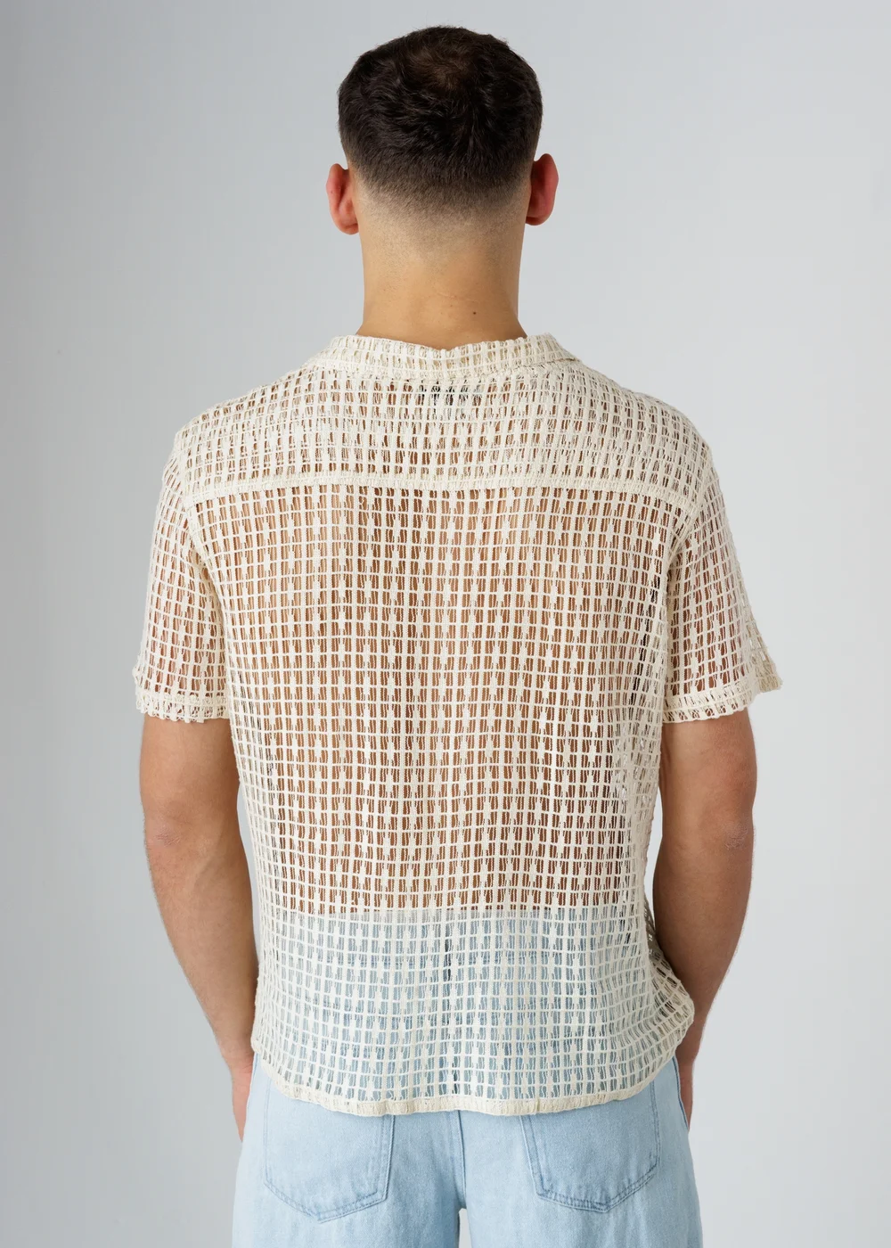 Influence Beige Cotton Blend Open-Knit Revere Collar Short Sleeve Button Shirt - L Image 2