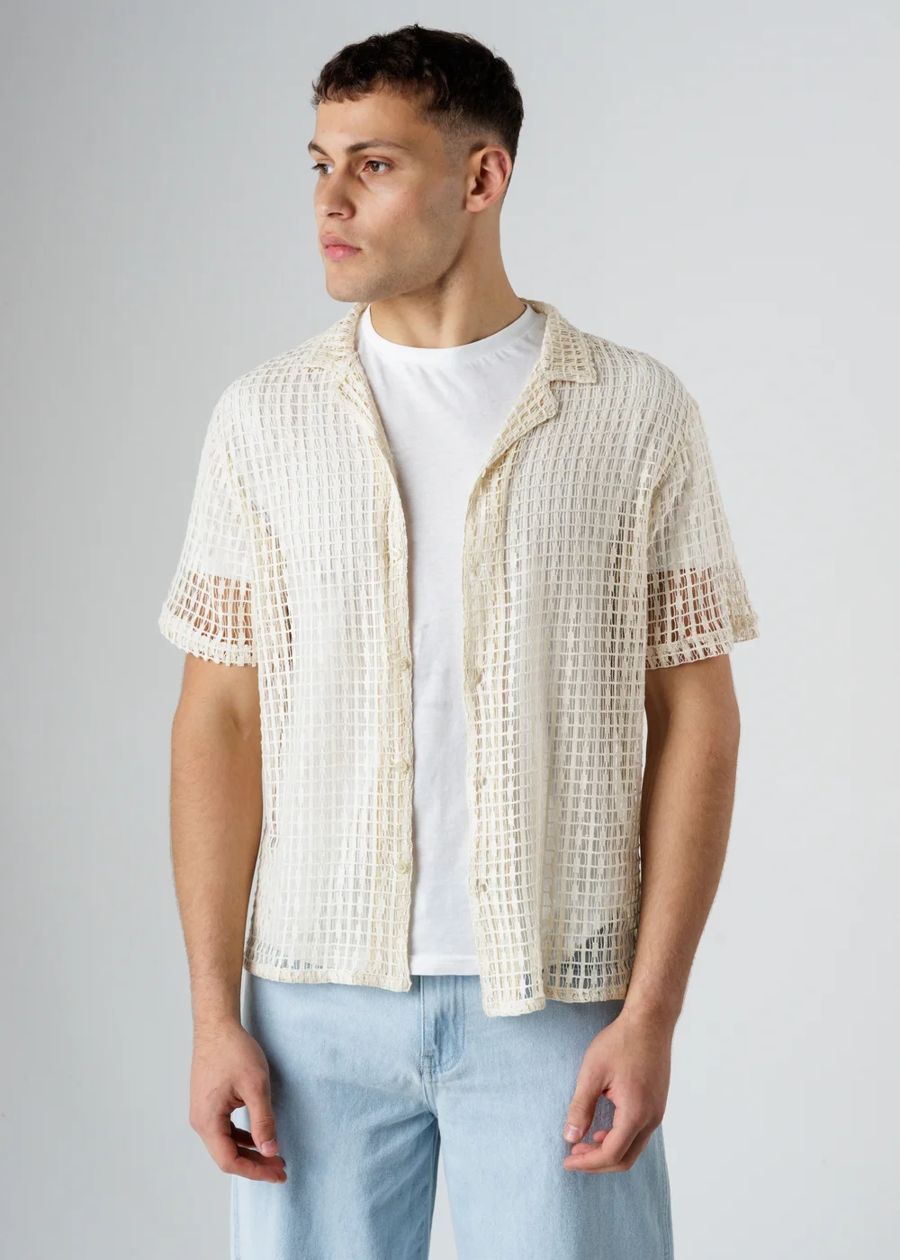 Influence Beige Cotton Blend Open-Knit Revere Collar Short Sleeve Button Shirt - L Image 1