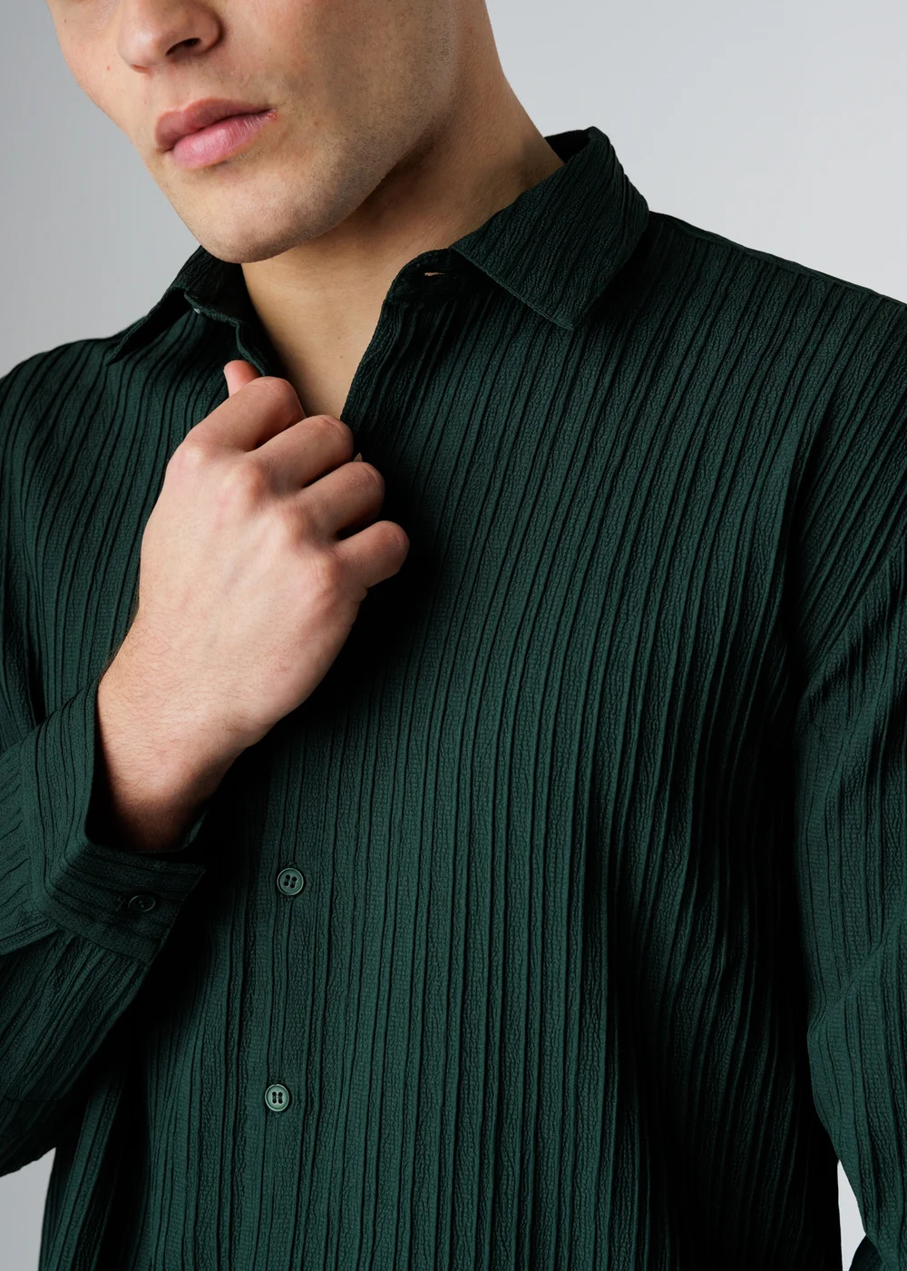 Influence Green Plisse Textured Long Sleeve Button Shirt - M Image 3
