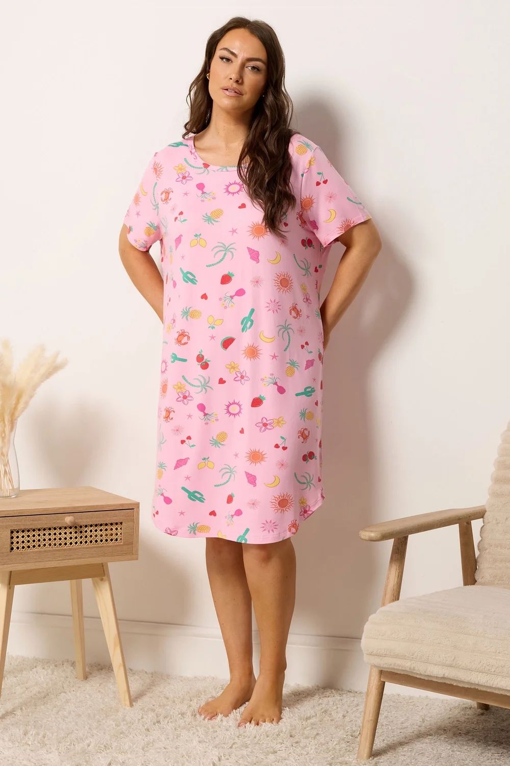 Yours Curve Pink Summer Print Soft Touch Nightdress - 30-32 Image 1