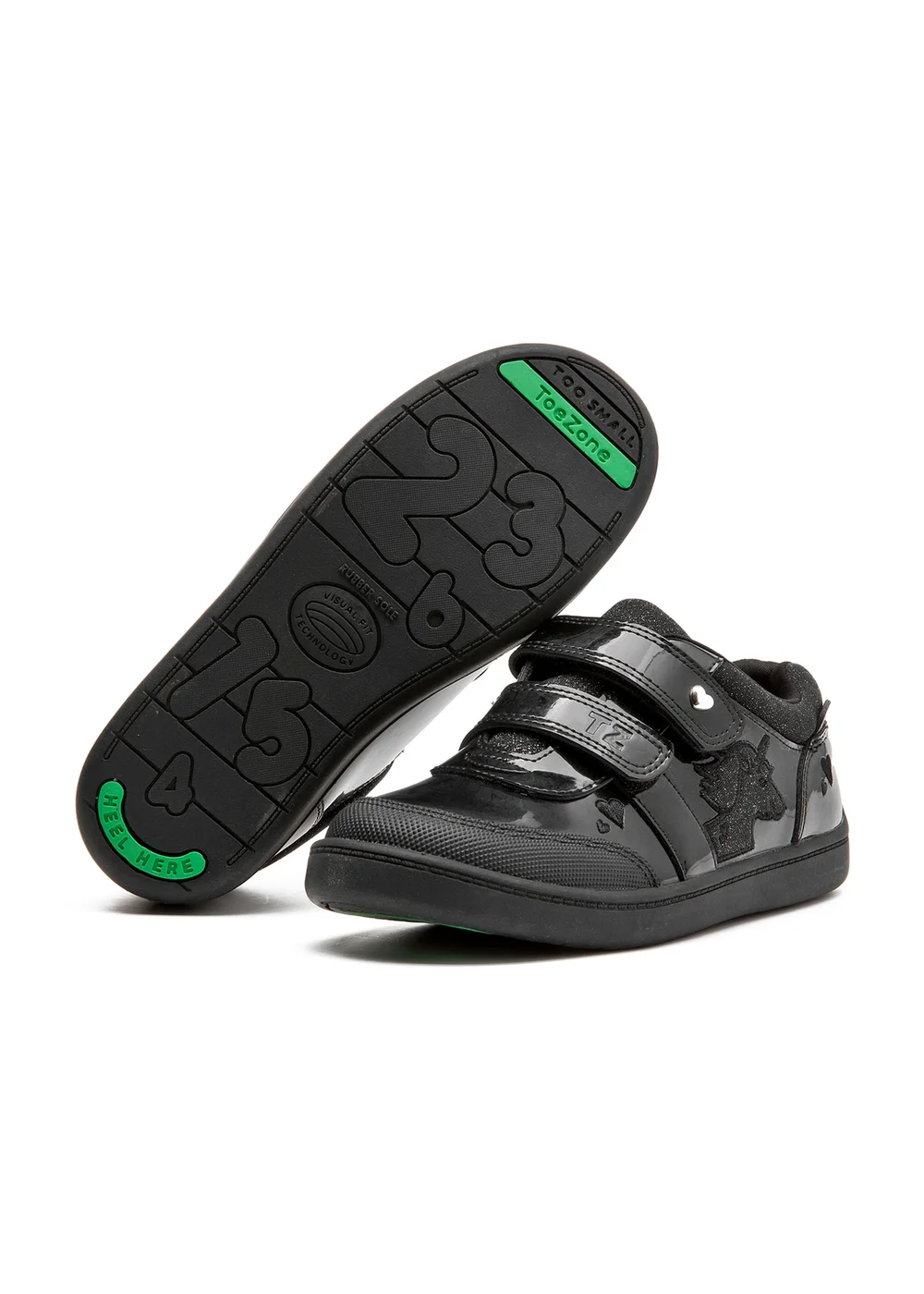 ToeZone Kira Rubber Patent Double Rip-Tape Black Unicorn School Shoes (Younger 8 - Older 2) - 12 Infants Image 2