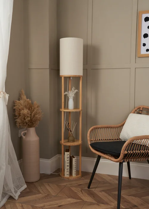 BHS Shelby Shelving Floor Lamp Oak - One Size Image 1