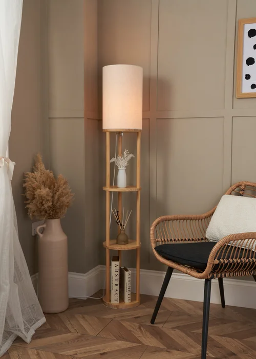 BHS Shelby Shelving Floor Lamp Oak - One Size Image 2