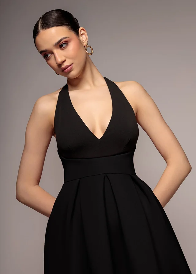 Goddiva Black Halter Neck Pleated A Line Midaxi Dress