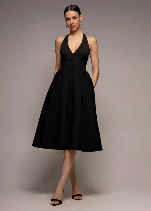 Goddiva Black Halter Neck Pleated A Line Midaxi Dress - 12 Image 1