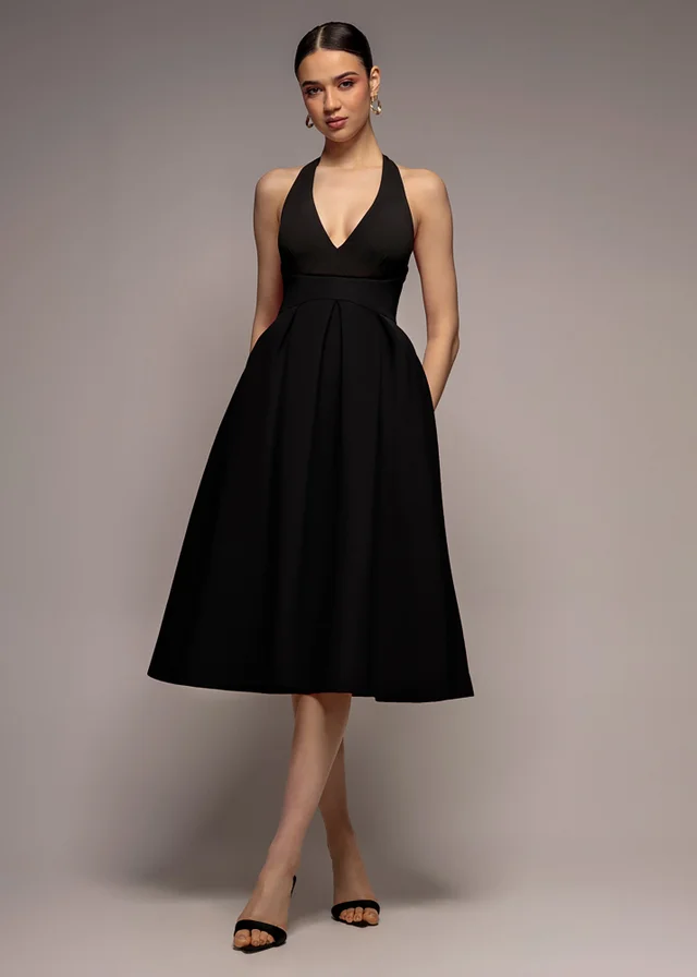 Goddiva Black Halter Neck Pleated A Line Midaxi Dress