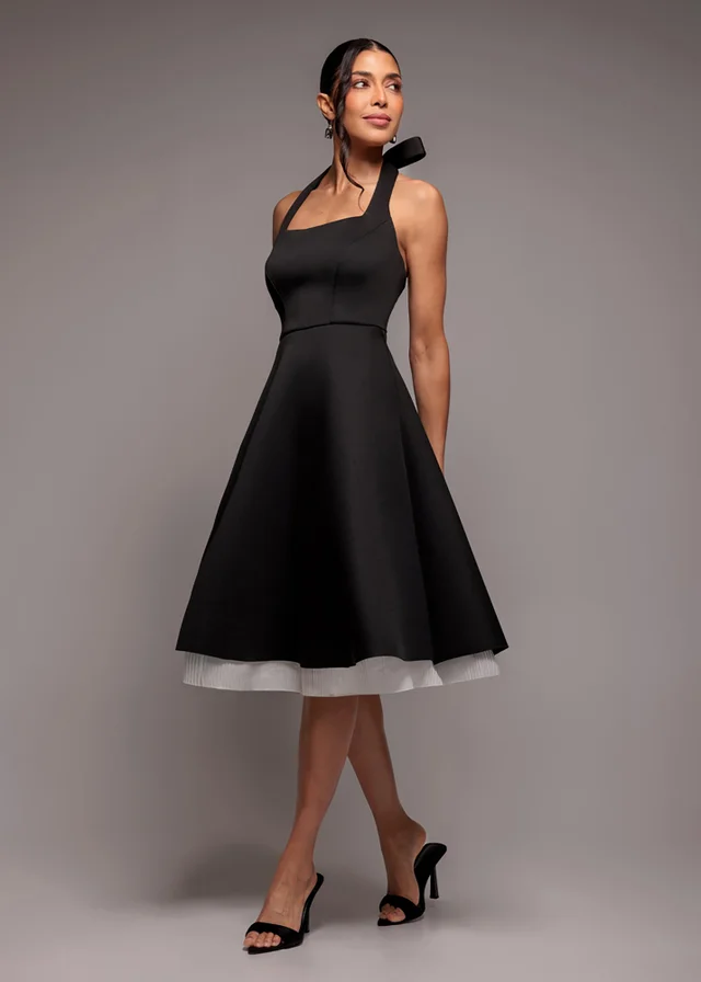 Goddiva Black Cream Contrast Organza Frill Bow Back Halter Midi Dress