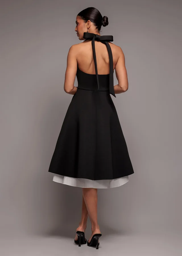 Goddiva Black Cream Contrast Organza Frill Bow Back Halter Midi Dress