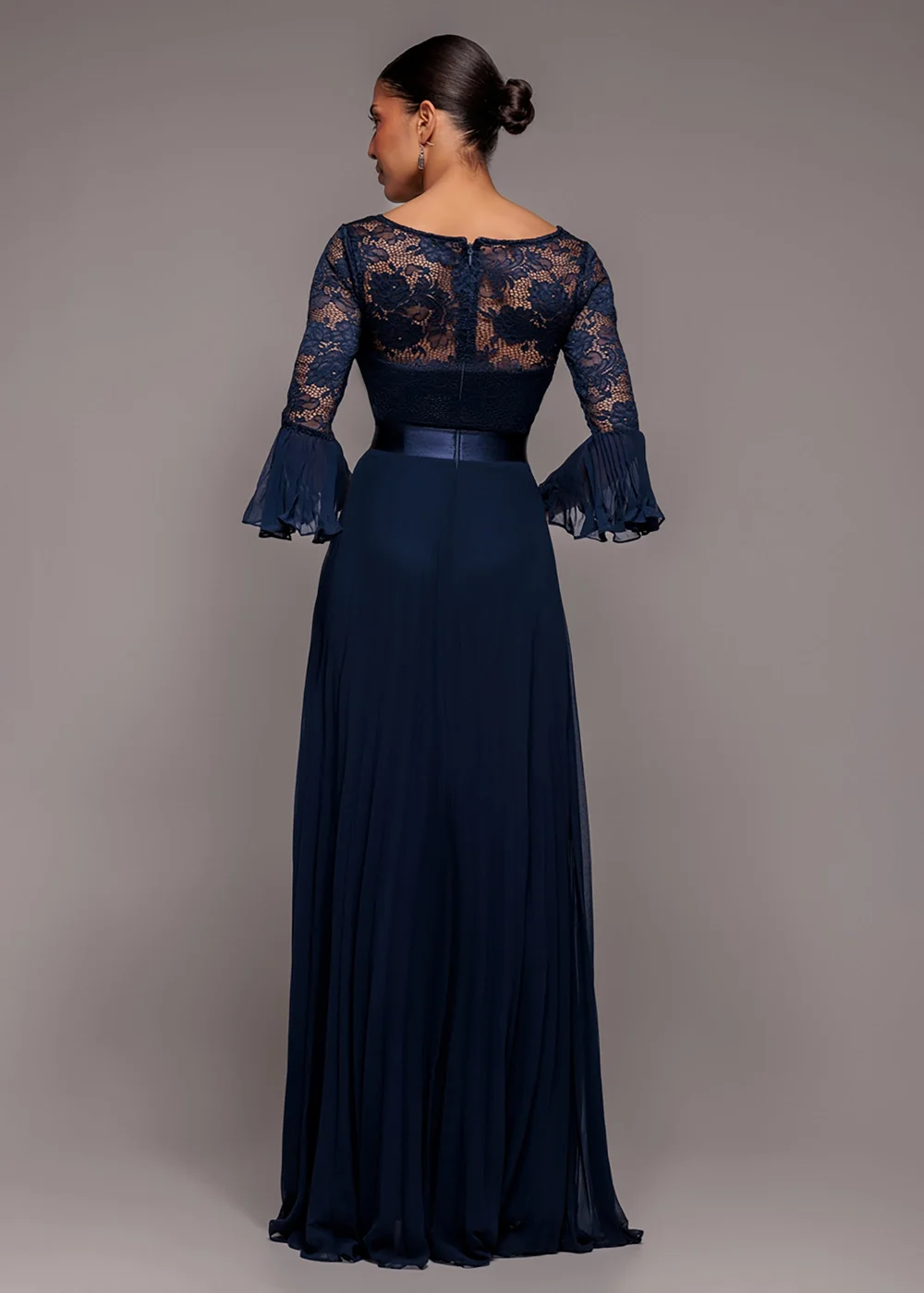Goddiva Navy Scalloped Lace Bodice Pleated Chiffon A Line Maxi Dress - 6 Image 2