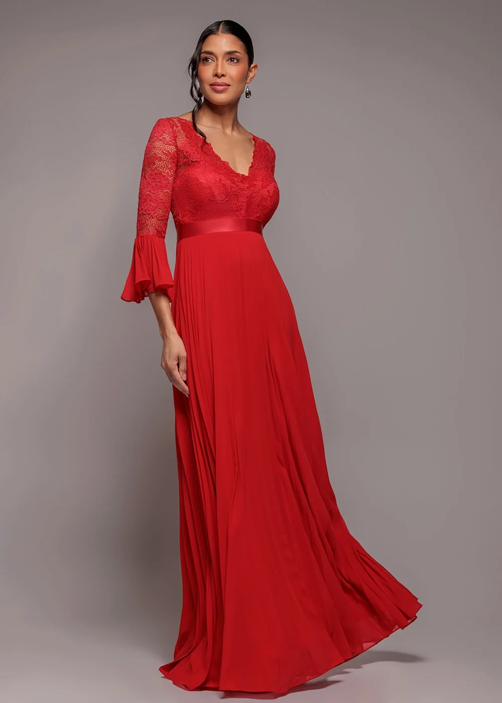 Goddiva Red Scalloped Lace Bodice Pleated Chiffon A Line Maxi Dress - 14 Image 1