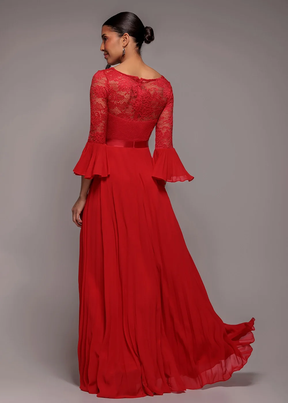 Goddiva Red Scalloped Lace Bodice Pleated Chiffon A Line Maxi Dress - 14 Image 2