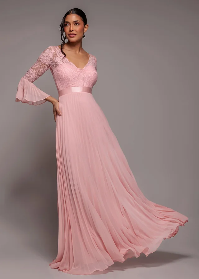 Goddiva Blush Pink Scalloped Lace Bodice Pleated Chiffon A Line Maxi Dress