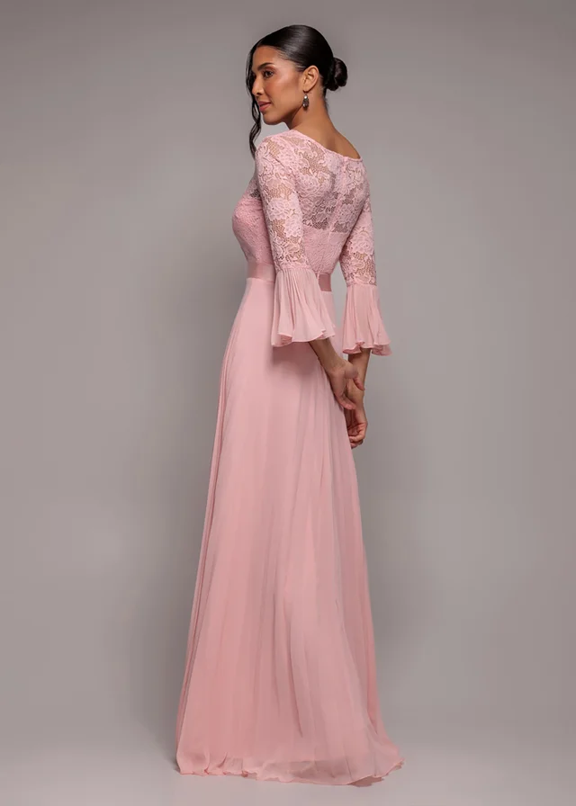 Goddiva Blush Pink Scalloped Lace Bodice Pleated Chiffon A Line Maxi Dress