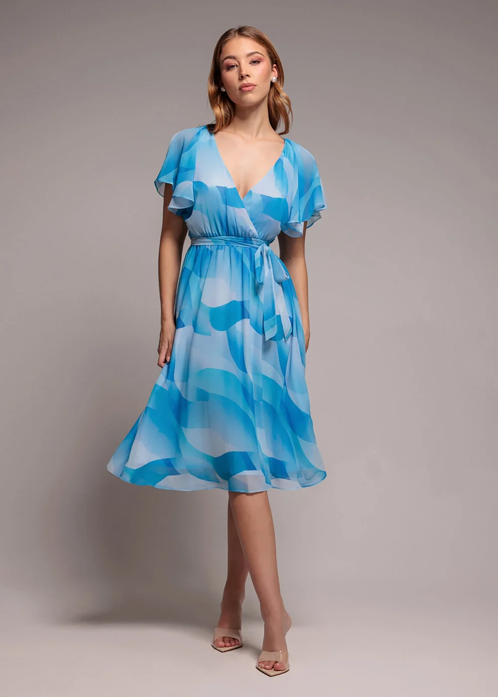 Goddiva Light Blue Printed Flutter Sleeve Chiffon Midi Dress - 8 Image 1