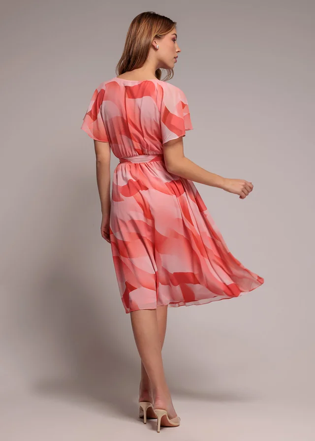 Goddiva Coral Printed Flutter Sleeve Chiffon Midi Dress