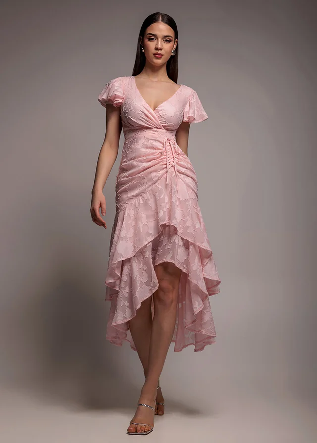 Goddiva Pink Jacquard Chiffon Wrap High Low Midaxi Dress