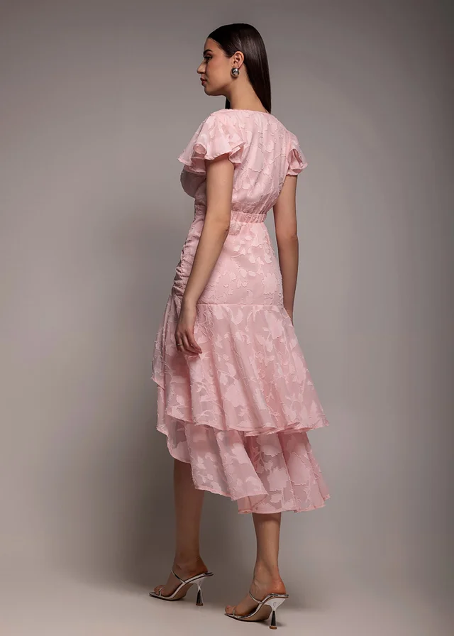 Goddiva Pink Jacquard Chiffon Wrap High Low Midaxi Dress