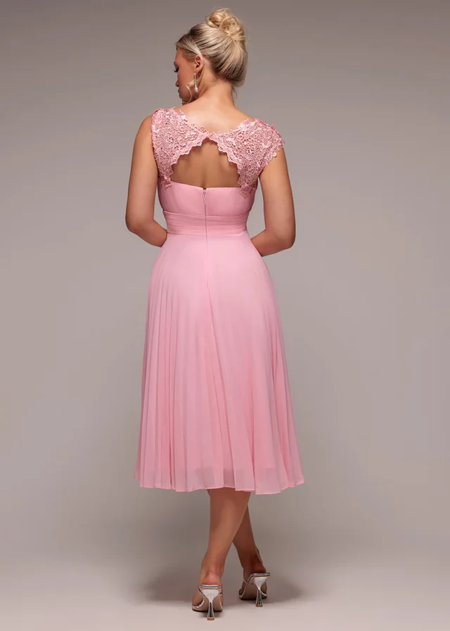 Goddiva Blush Pink Crochet & Pleated Top Midi Dress