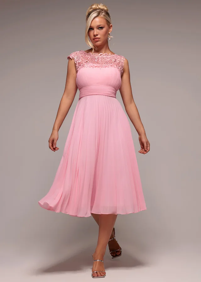 Goddiva Blush Pink Crochet & Pleated Top Midi Dress