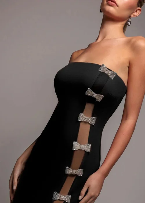 Goddiva Black Bow Embellished Strapless Mermaid Maxi Dress - 10 Image 3