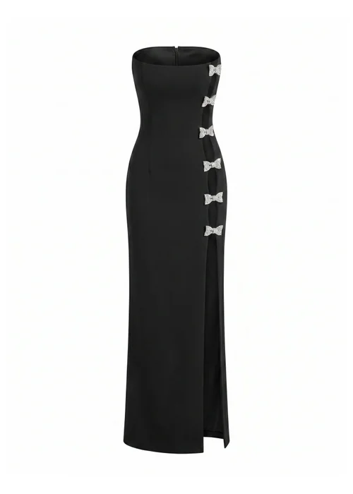 Goddiva Black Bow Embellished Strapless Mermaid Maxi Dress - 10 Image 5