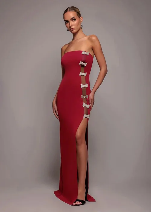 Goddiva Wine Bow Embellished Strapless Mermaid Maxi Dress - 8 Image 1