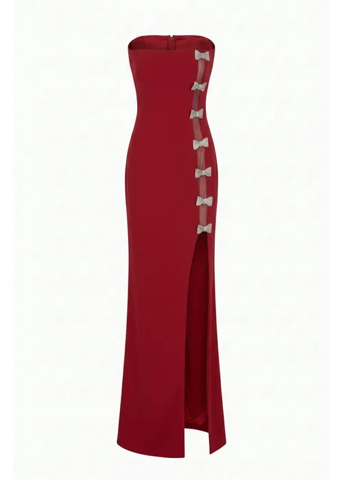 Goddiva Wine Bow Embellished Strapless Mermaid Maxi Dress - 8 Image 5