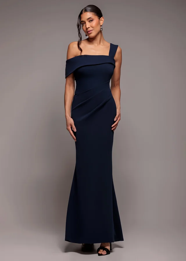 Goddiva Navy Off The Shoulder Pleated Waist Maxi Dress