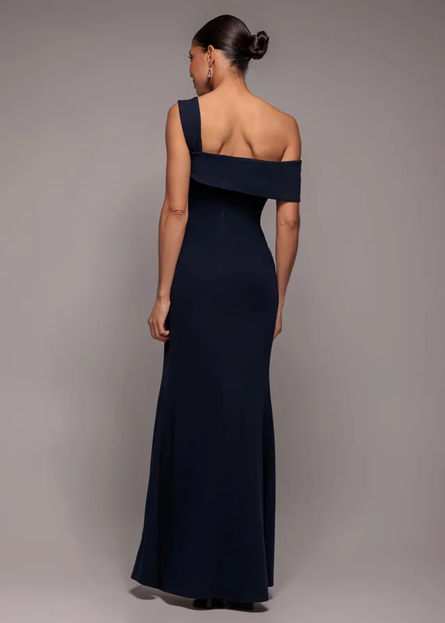 Goddiva Navy Off The Shoulder Pleated Waist Maxi Dress