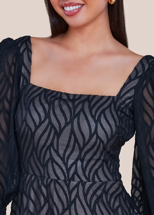 Goddiva Black Puff Sleeve Side Slit Flared Jacquard Chiffon Midi Dress - 8 Image 3