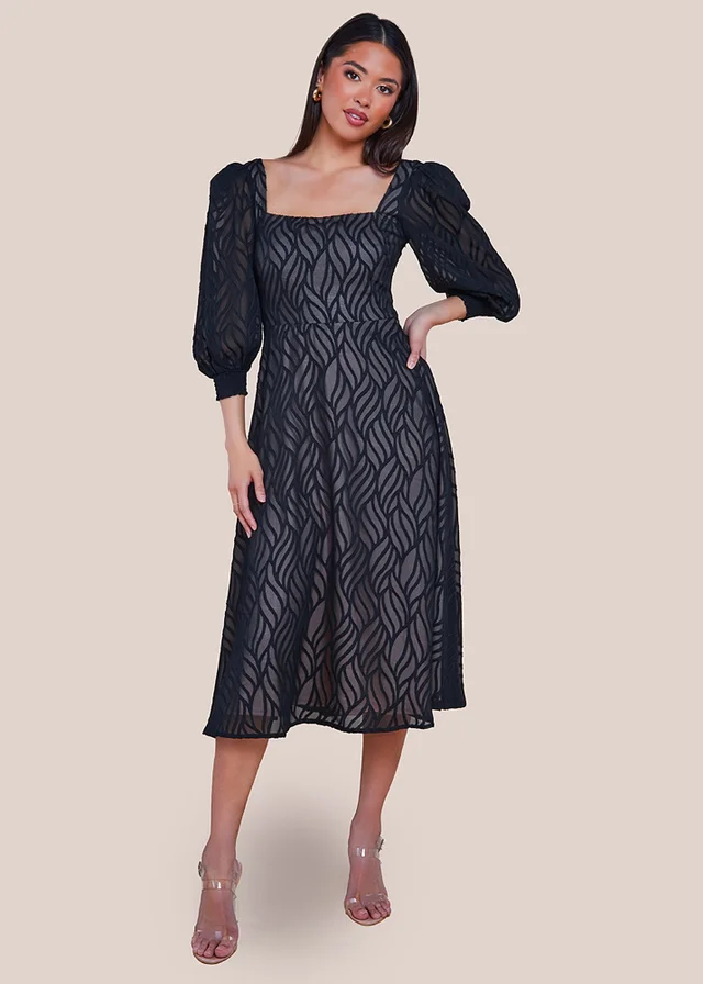 Goddiva Black Puff Sleeve Side Slit Flared Jacquard Chiffon Midi Dress