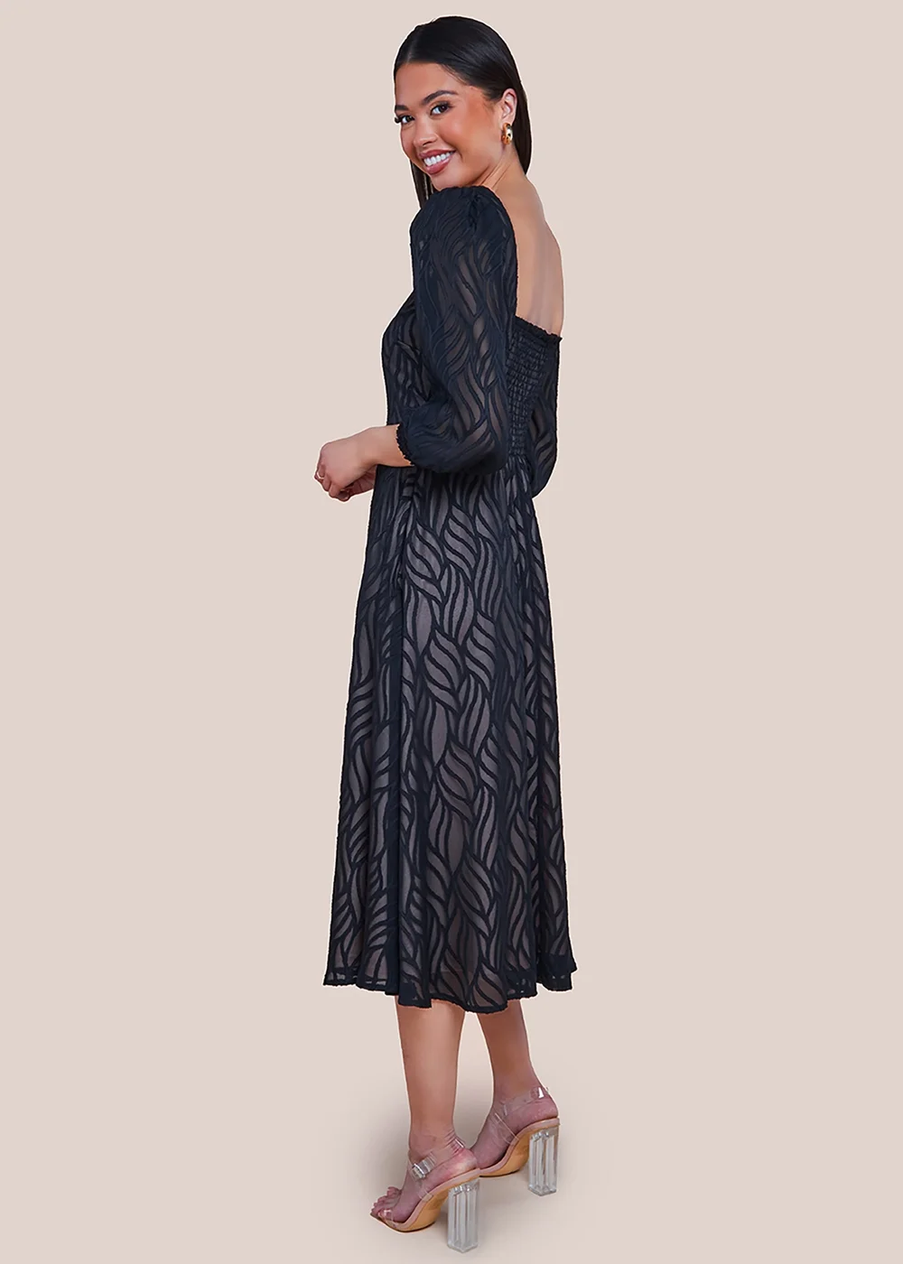 Goddiva Black Puff Sleeve Side Slit Flared Jacquard Chiffon Midi Dress - 8 Image 2
